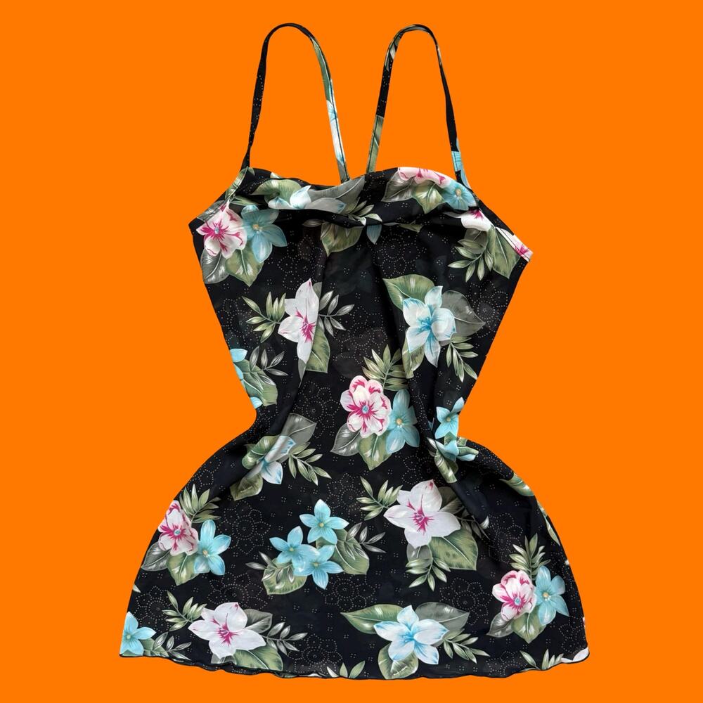 00's vintage tropical floral chiffon cowl neck y2k mini slip dress MEDIUM